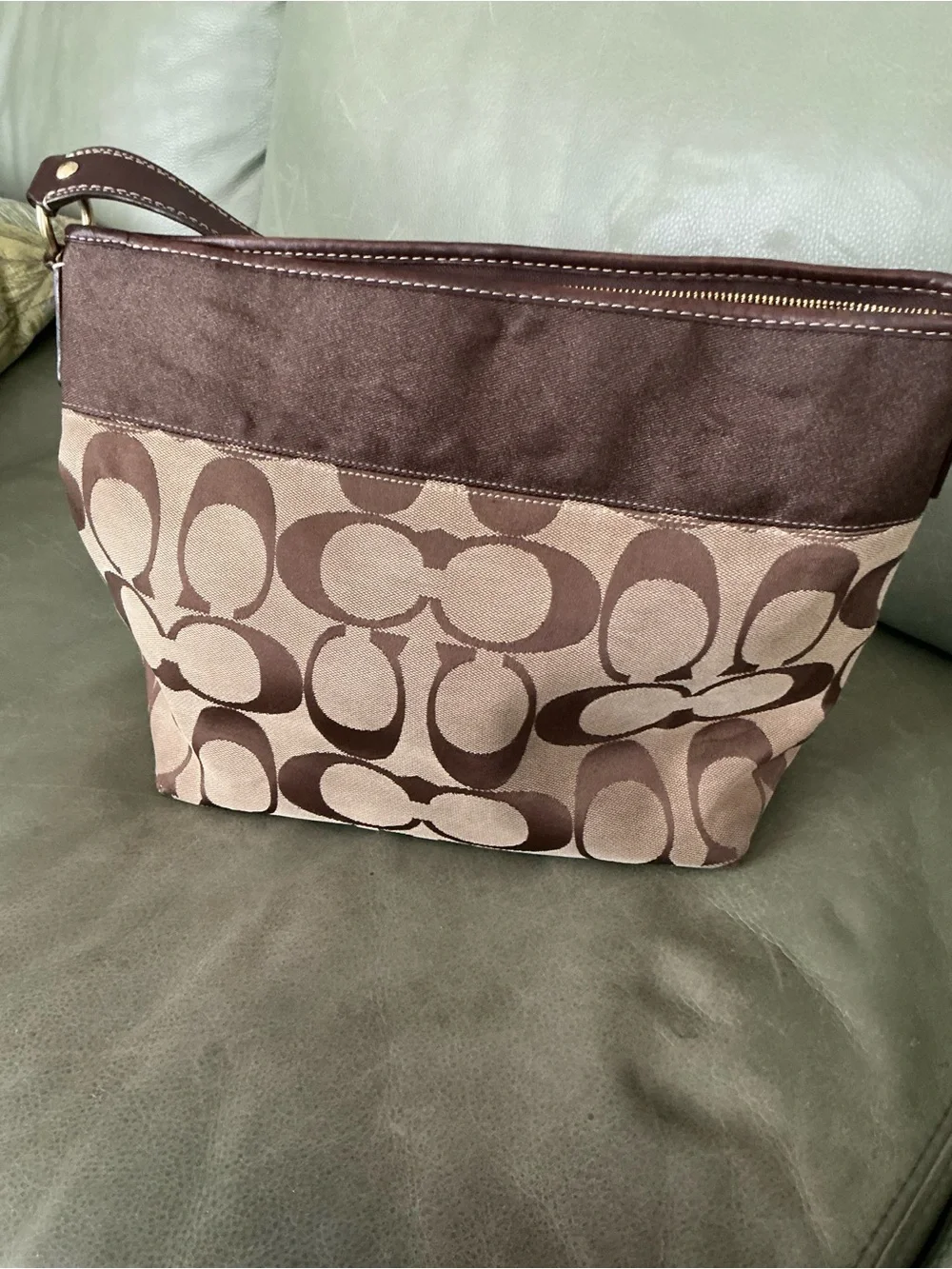 VTG Coach Signature Carly Hobo Bag Brown Khaki Canvas Leather Trim